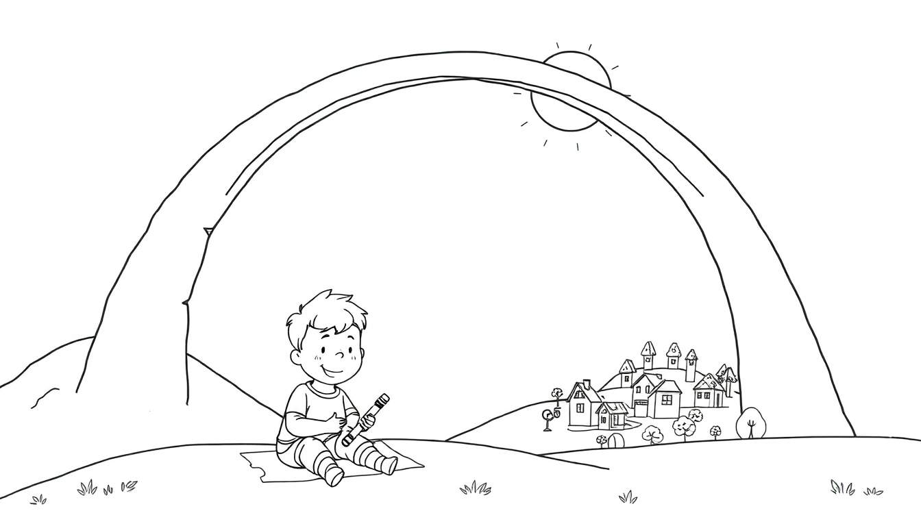 Un garçon joue de la flûte sous un arc-en-ciel, devant un village.
