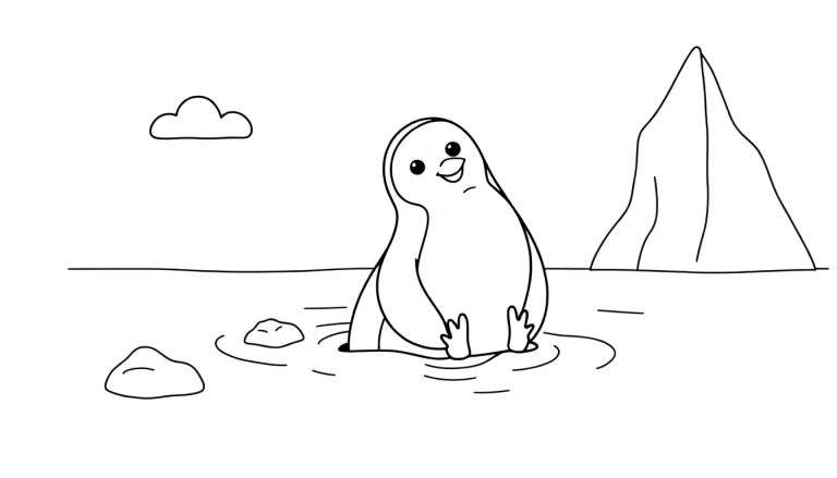 Un dessin au trait d'un pingouin dans l'eau avec un iceberg en arrière-plan, parfait pour un color panel.