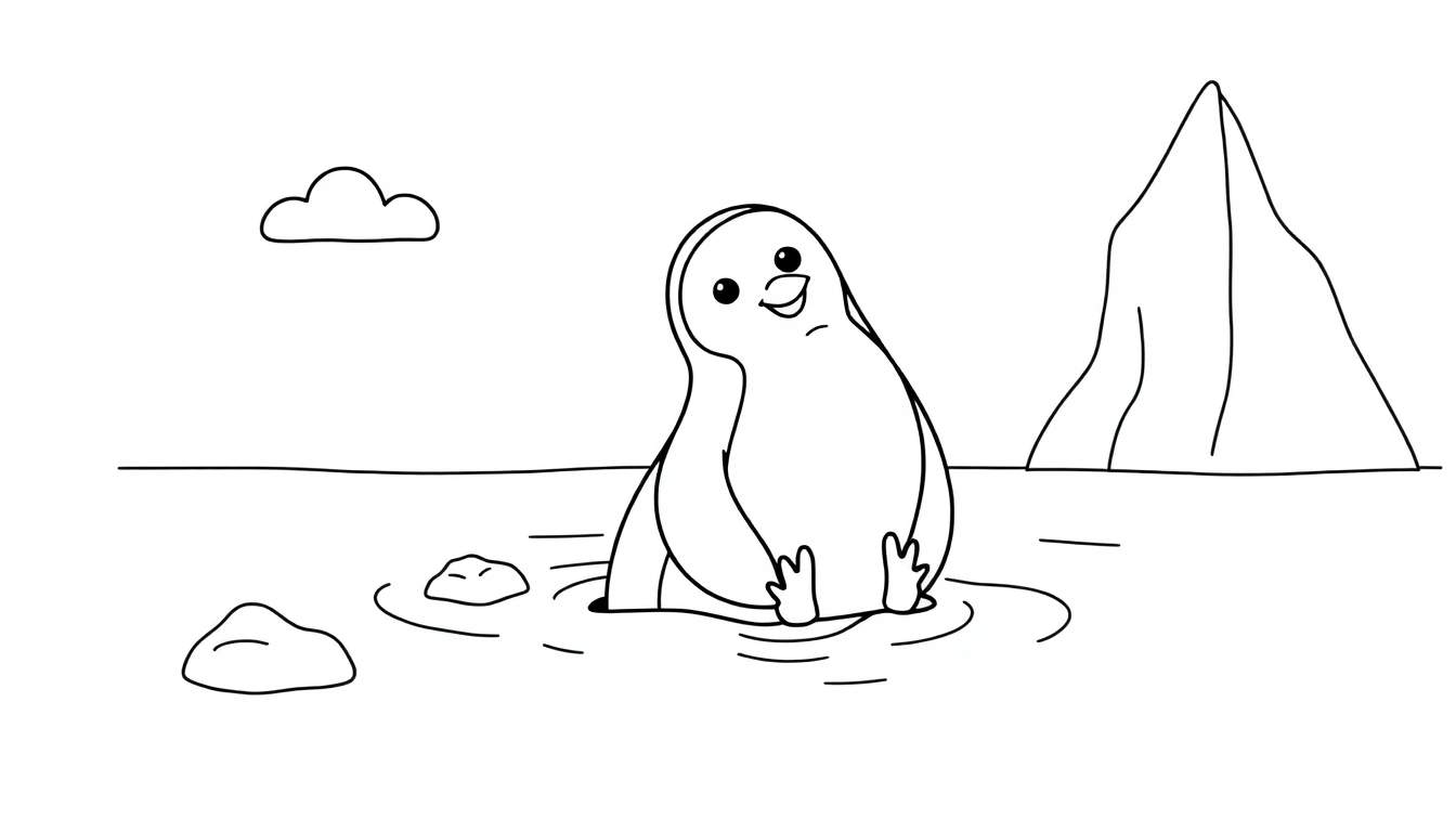 Un dessin au trait d'un pingouin dans l'eau avec un iceberg en arrière-plan, parfait pour un color panel.
