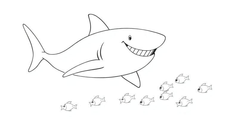 Un requin souriant dans un color panel entouré de petits poissons.