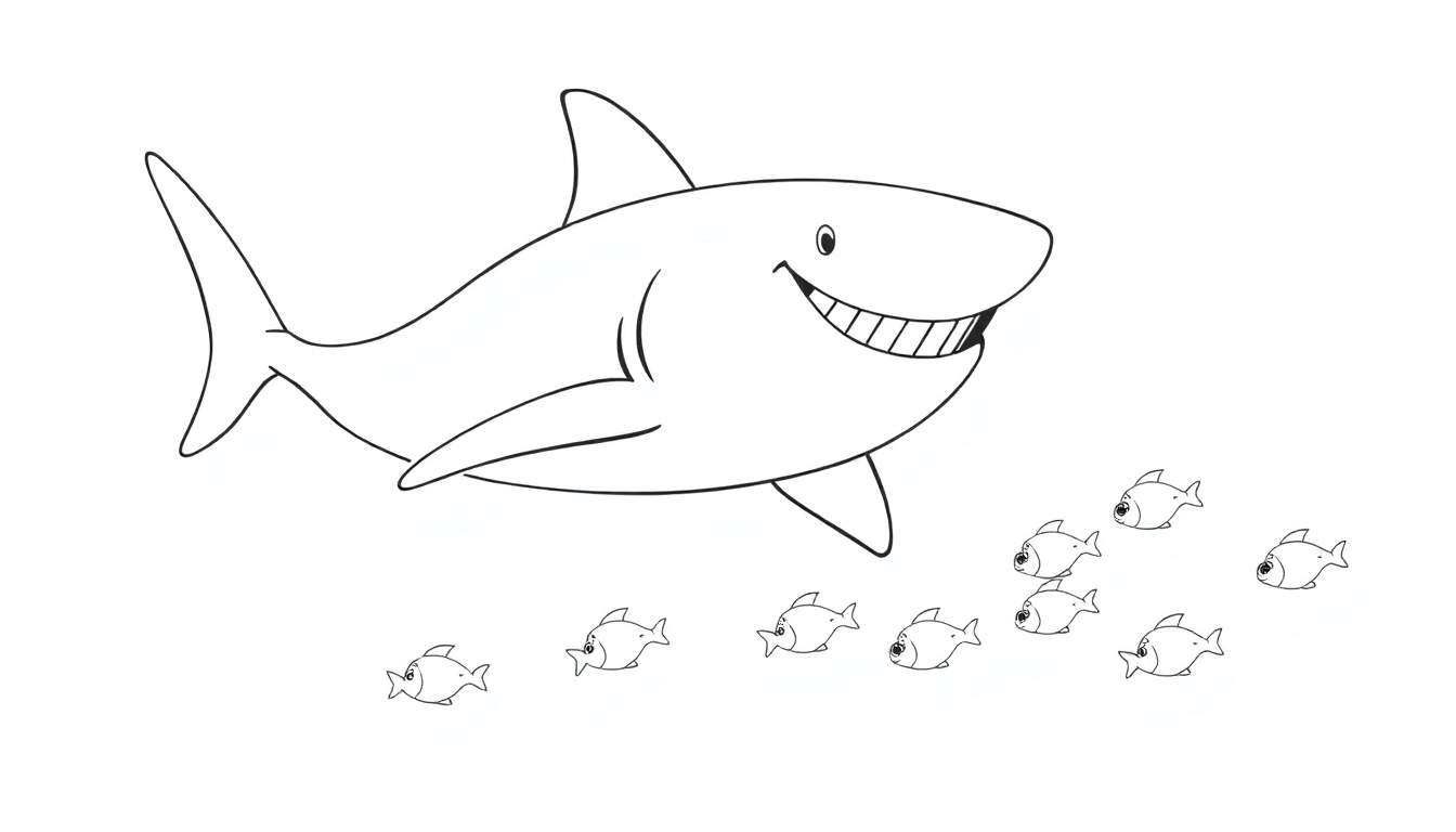 Un requin souriant dans un color panel entouré de petits poissons.
