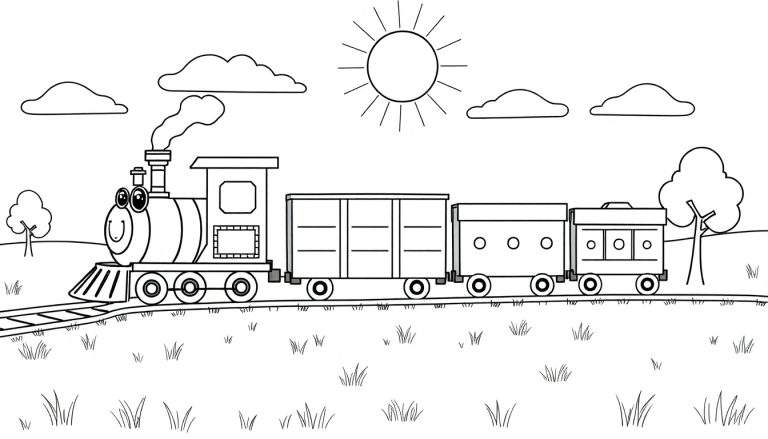 Un train de dessins animés souriant en noir et blanc traversant un paysage avec des arbres et un soleil, prêt pour le color panel.
