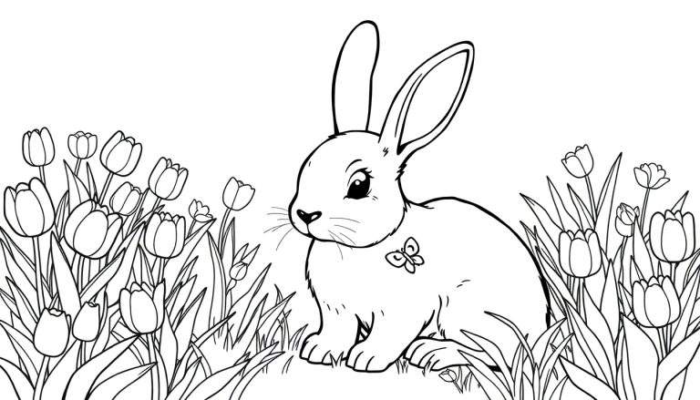 Un dessin au trait d'un lapin mignon explorant un champ de tulipes et d'herbes, prêt à être colorisé dans un color panel.