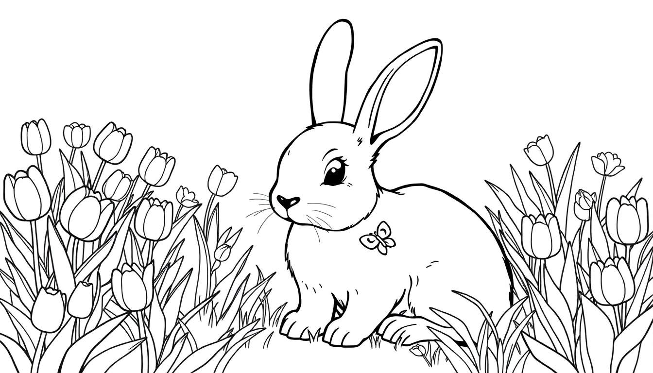 Un dessin au trait d'un lapin mignon explorant un champ de tulipes et d'herbes, prêt à être colorisé dans un color panel.