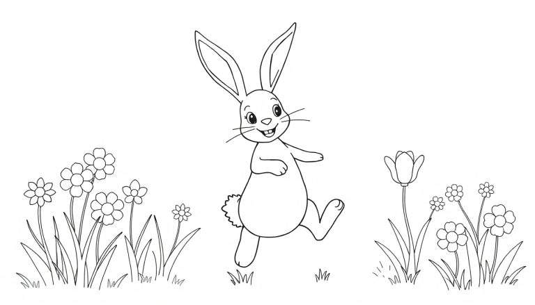 Un lapin joyeux sautant dans un champ de fleurs en noir et blanc, parfait pour le color panel.