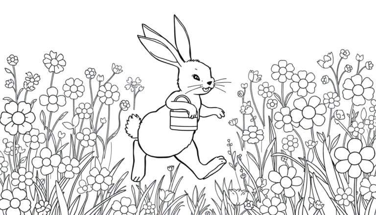 Dessin au trait d'un lapin courant avec un panier, dans un champ de fleurs prêt pour le color panel.