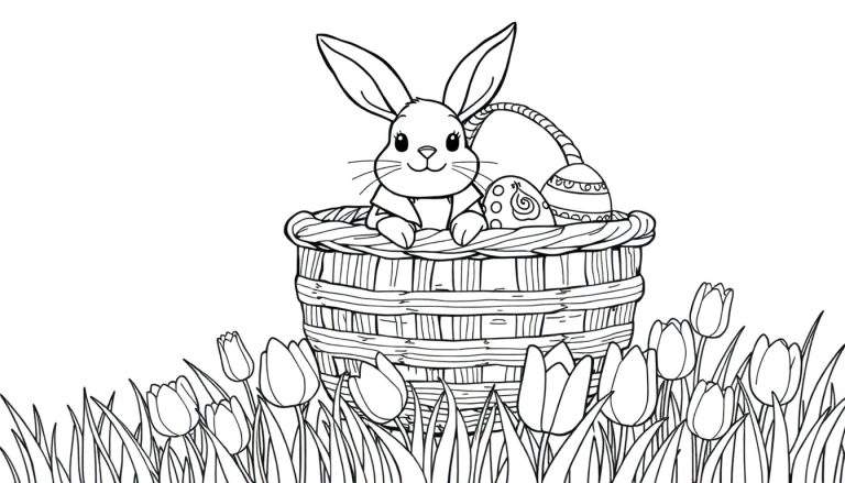 Dessin au trait noir et blanc d'un lapin de Pâques souriant dans un panier rempli d'œufs colorés, entouré de tulipes et d'herbe, prêt pour une chasse aux œufs dans un color panel.