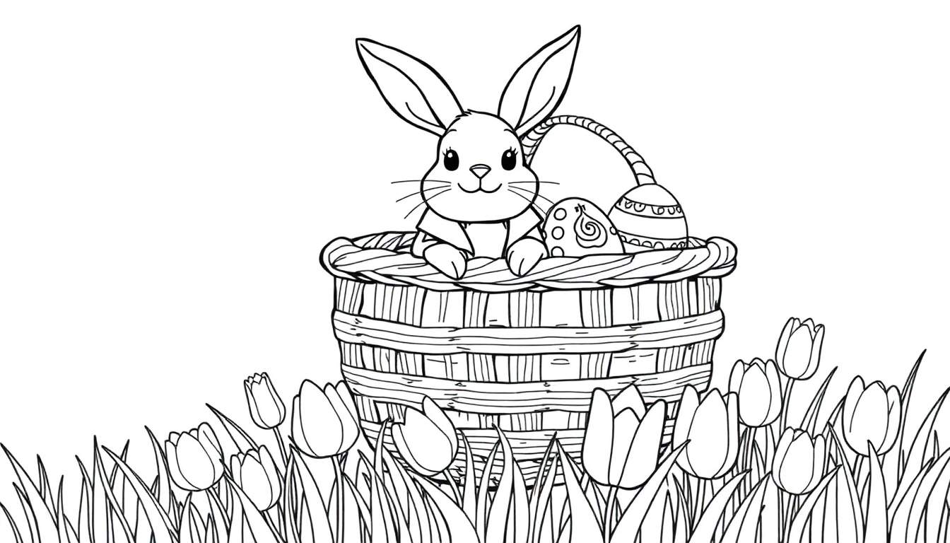 Dessin au trait noir et blanc d'un lapin de Pâques souriant dans un panier rempli d'œufs colorés, entouré de tulipes et d'herbe, prêt pour une chasse aux œufs dans un color panel.