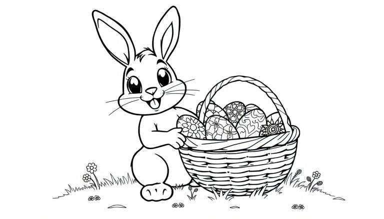 Un lapin de Pâques de style dessin au trait tient un panier d'œufs de Pâques, prêt pour la chasse aux œufs. C'est un dessin au trait noir et blanc destiné au color panel.