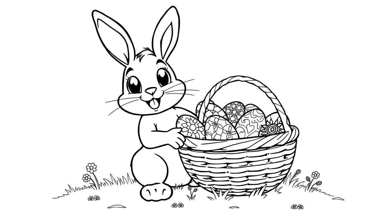 Un lapin de Pâques de style dessin au trait tient un panier d'œufs de Pâques, prêt pour la chasse aux œufs. C'est un dessin au trait noir et blanc destiné au color panel.