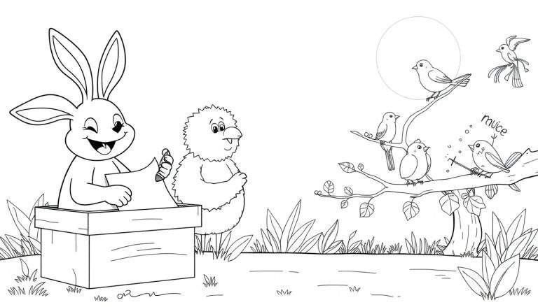 Un lapin joyeux écrit dans une boîte, observé par un oiseau curieux. D'autres oiseaux sont perchés sur des branches, l'un d'eux ayant une bulle de texte « muice ».