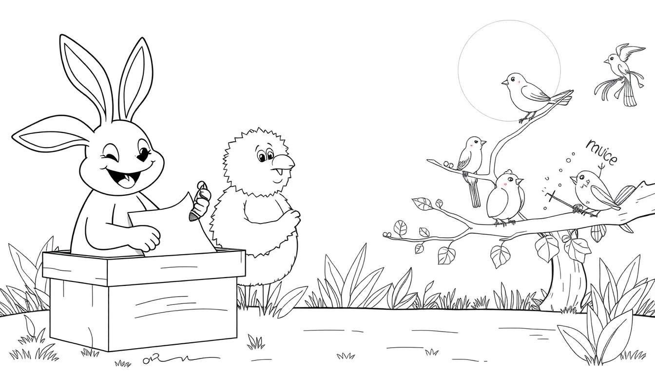 Un lapin joyeux écrit dans une boîte, observé par un oiseau curieux. D'autres oiseaux sont perchés sur des branches, l'un d'eux ayant une bulle de texte « muice ».