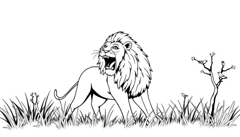 Un lion rugissant en noir et blanc dans la savane avec des herbes hautes et un arbre nu, parfait pour un panneau de coloriage.