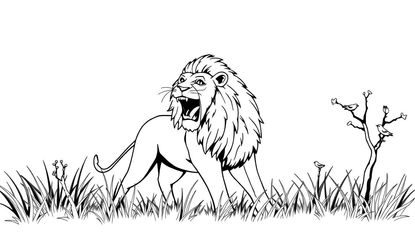 Un lion rugissant en noir et blanc dans la savane avec des herbes hautes et un arbre nu, parfait pour un panneau de coloriage.