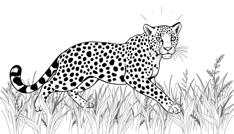 Un léopard dessin au trait en noir et blanc marchant dans de l'herbe haute, avec un panneau coloré visible à proximité.
