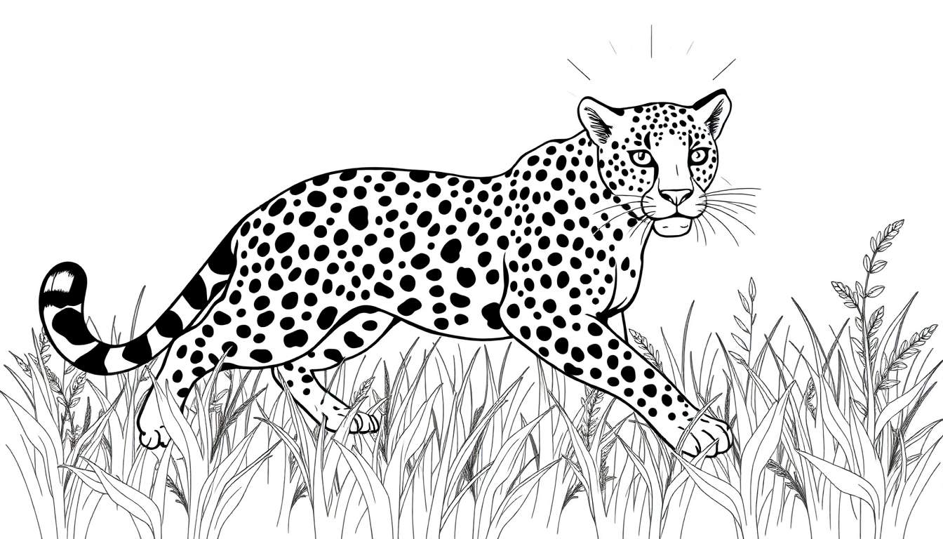 Un léopard dessin au trait en noir et blanc marchant dans de l'herbe haute, avec un panneau coloré visible à proximité.