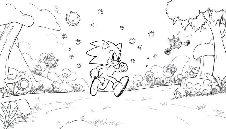 Dessin au trait de Sonic le hérisson courant avec des anneaux et des robots.