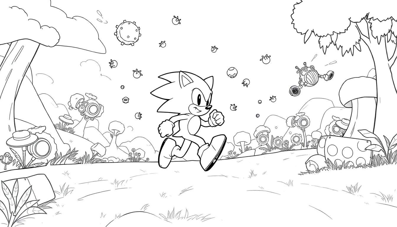 Dessin au trait de Sonic le hérisson courant avec des anneaux et des robots.