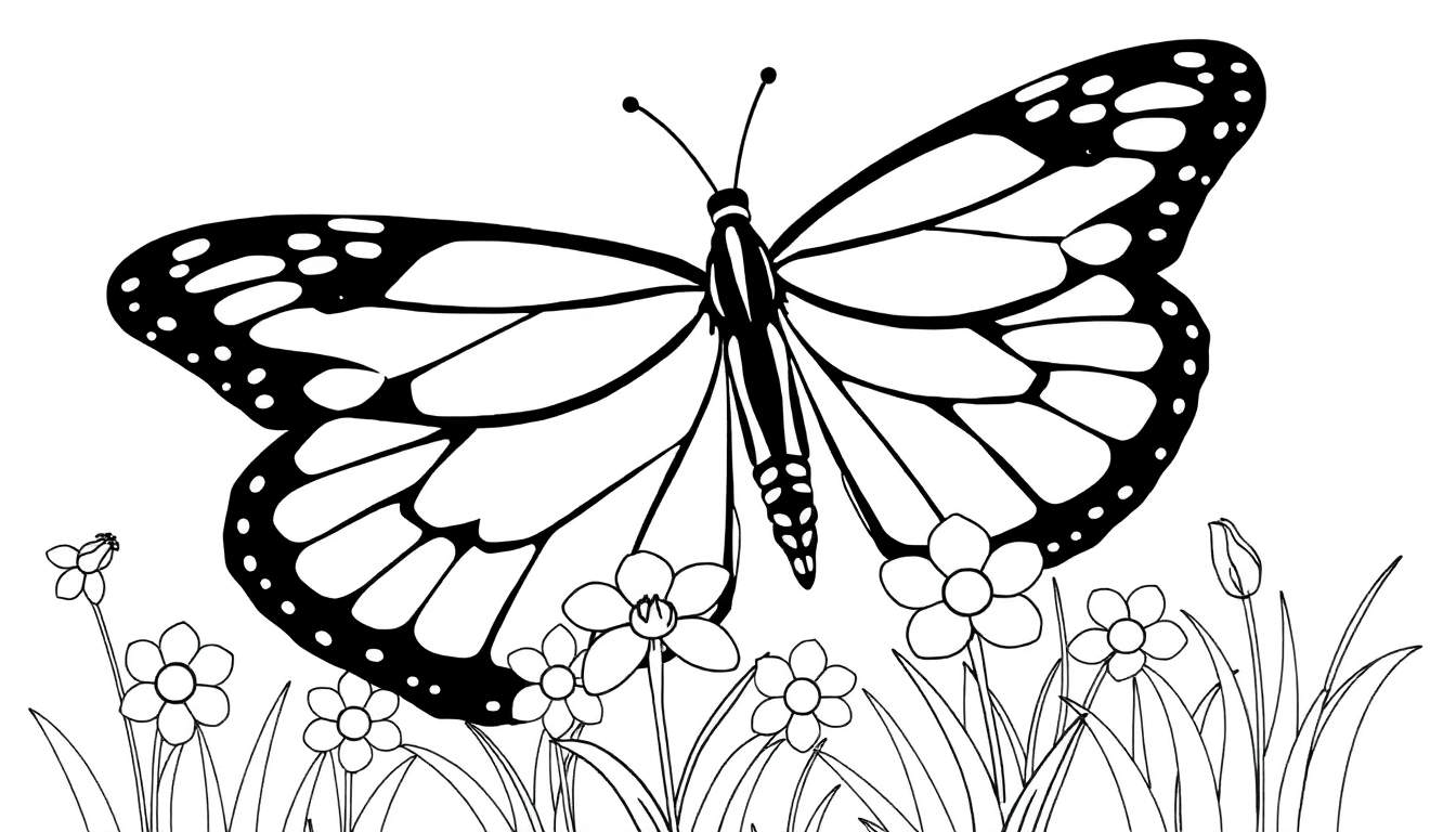 Dessin au trait noir et blanc d'un papillon monarque avec des ailes déployées, perché au-dessus d'un champ de fleurs simples et d'herbe. Ce color panel est parfait pour les activités créatives.