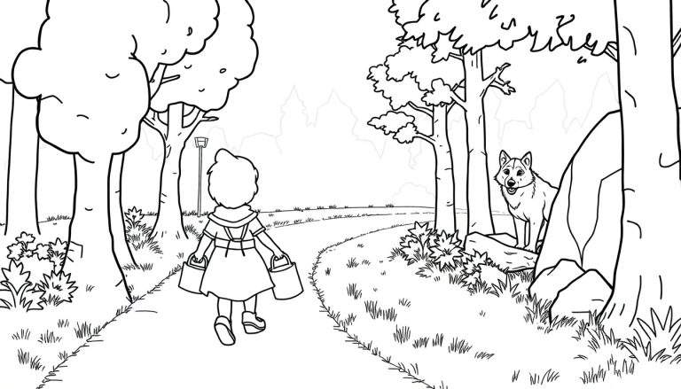 Le Petit Chaperon Rouge marche dans une forêt avec un loup caché qui la regarde.