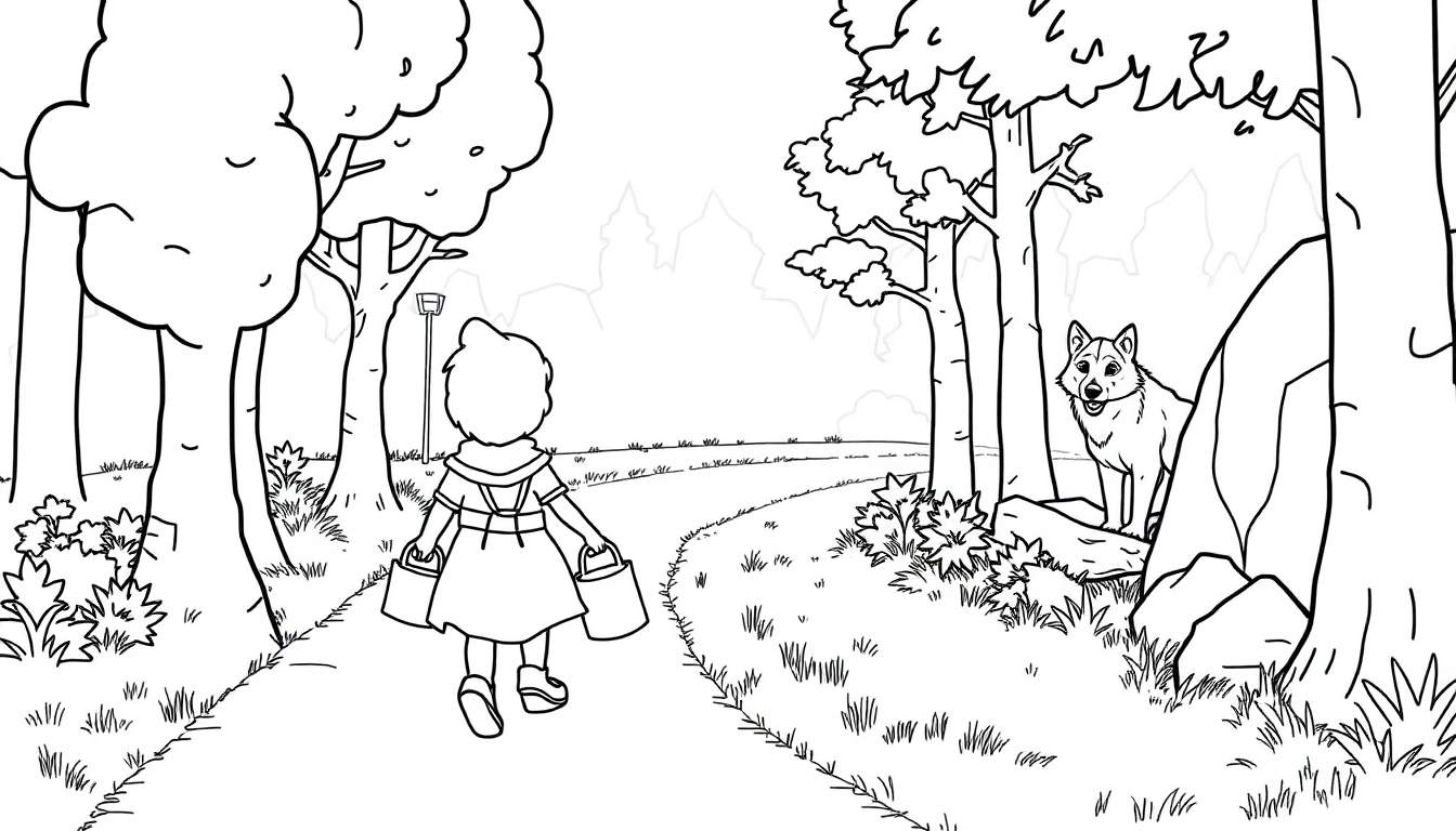 Le Petit Chaperon Rouge marche dans une forêt avec un loup caché qui la regarde.