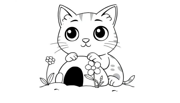 Un chaton noir et blanc curieux assis devant une grotte, prêt à être coloré.