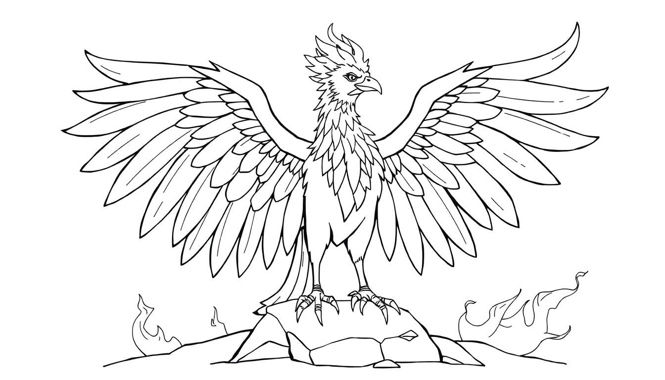 Dessin au trait d'un phénix sur un rocher avec des flammes au sol.
