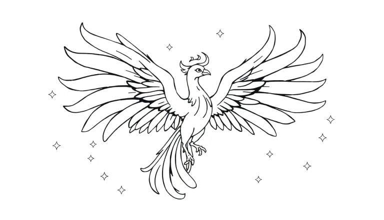 Dessin au trait d'un phénix avec des étoiles, prêt à être coloré.