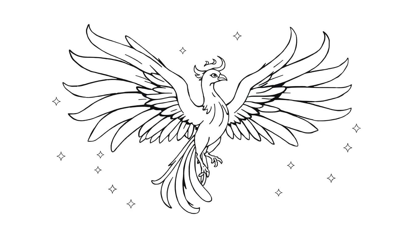 Dessin au trait d'un phénix avec des étoiles, prêt à être coloré.