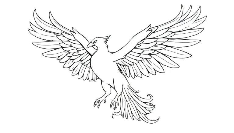 Dessin au trait d'un oiseau stylisé en vol, semblable à un phénix ou un aigle, avec les ailes déployées et les serres visibles. Ce color panel est simple et élégant.