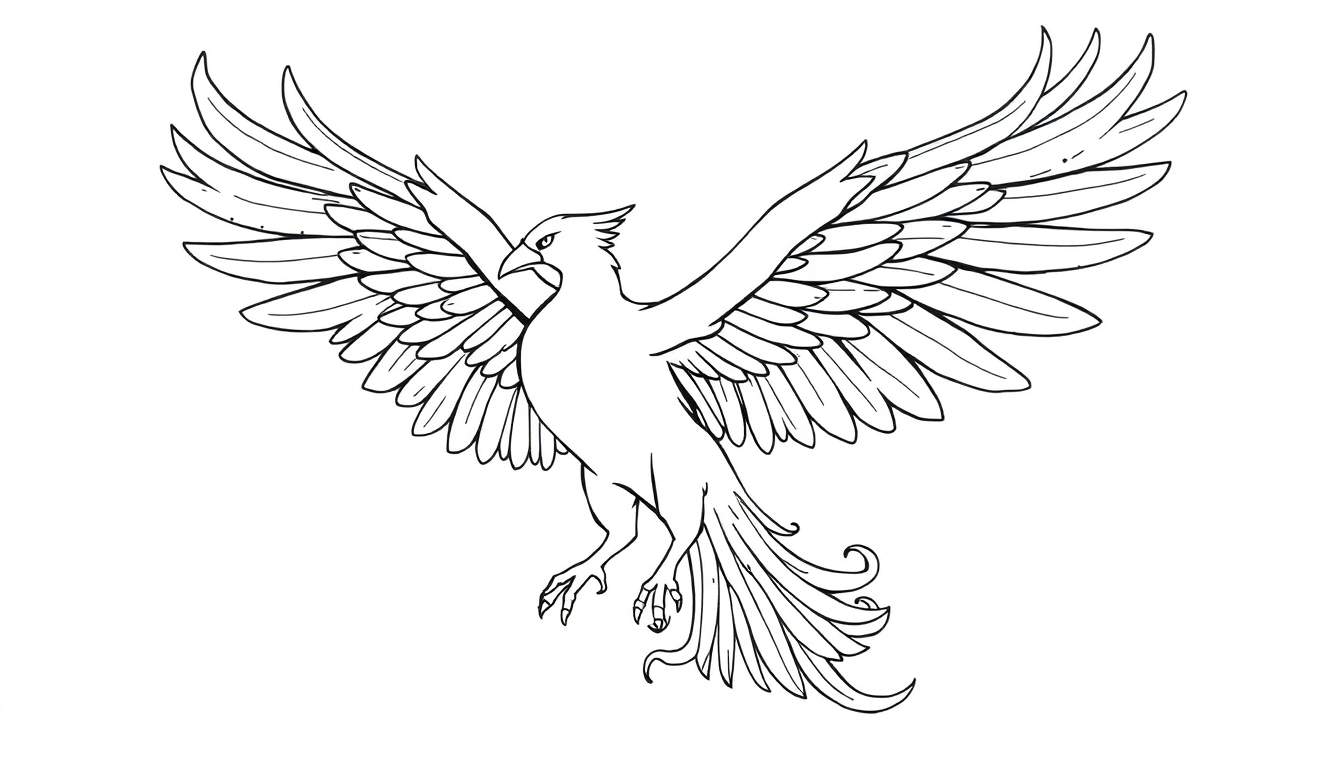Dessin au trait d'un oiseau stylisé en vol, semblable à un phénix ou un aigle, avec les ailes déployées et les serres visibles. Ce color panel est simple et élégant.