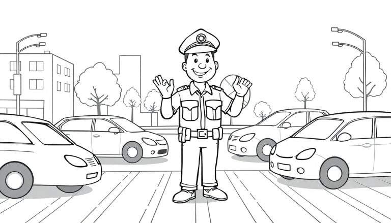 Un policier souriant dirige la circulation dans une rue animée avec des voitures et des bâtiments en arrière-plan, parfait pour un color panel.