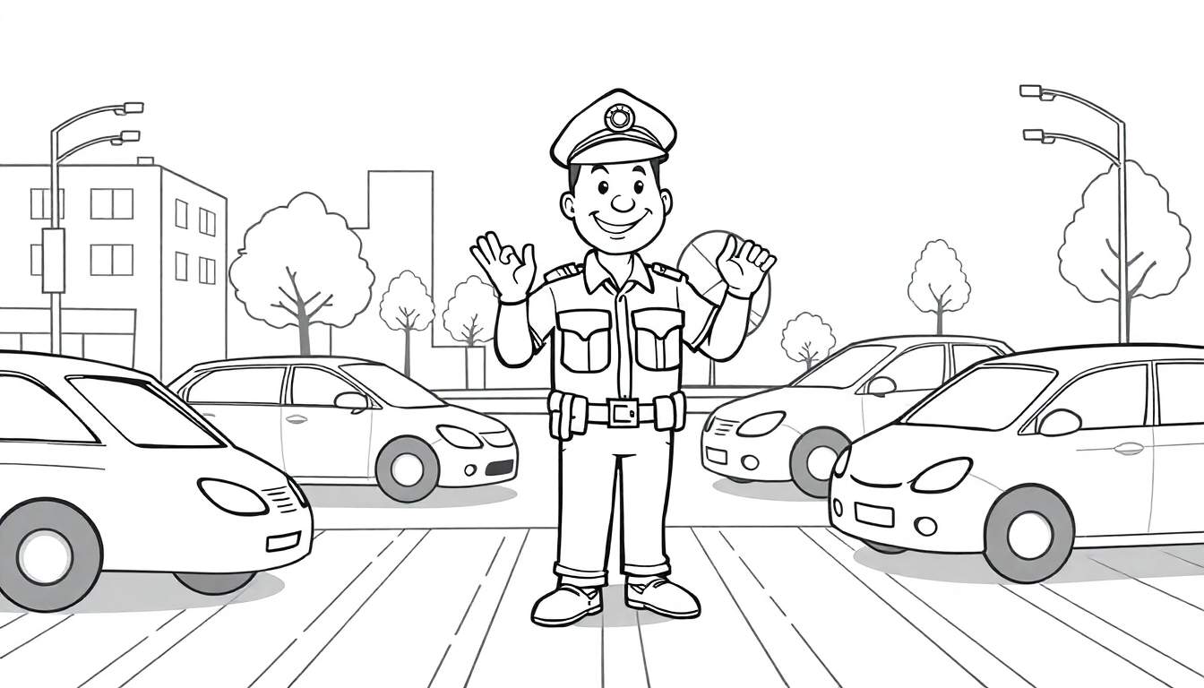 Un policier souriant dirige la circulation dans une rue animée avec des voitures et des bâtiments en arrière-plan, parfait pour un color panel.
