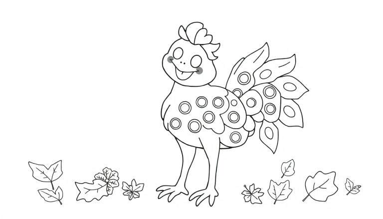 Un dessin au trait d'un animal fantaisiste, mi-poulet, mi-paon, avec des motifs circulaires et une queue de paon, entouré de feuilles tombées, prêt pour le coloriage.