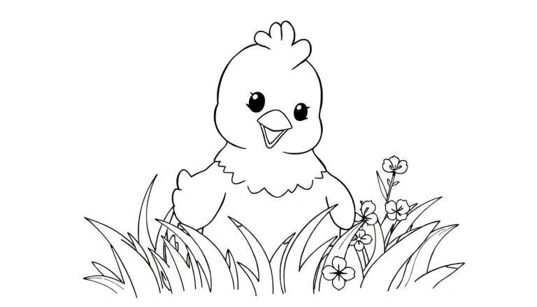 Poussin de dessin animé noir et blanc picorant dans l'herbe et les fleurs, dans un color panel.
