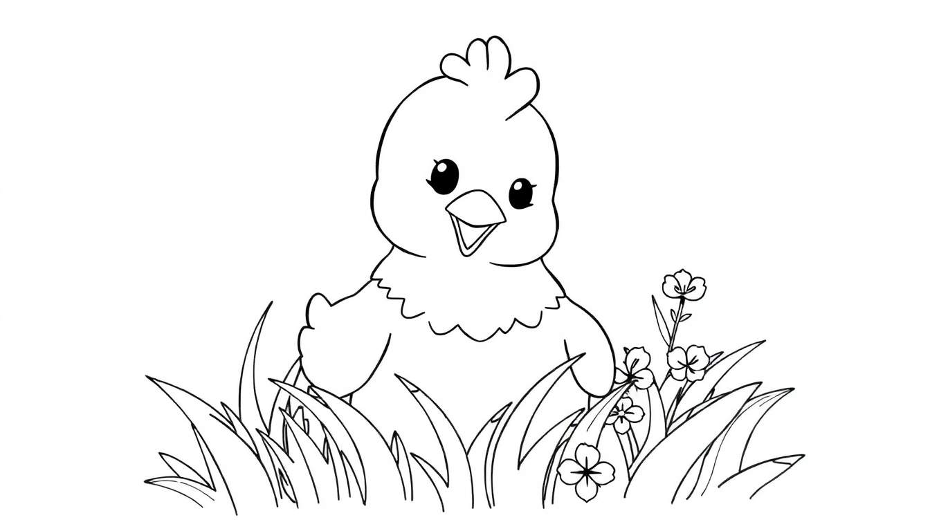 Poussin de dessin animé noir et blanc picorant dans l'herbe et les fleurs, dans un color panel.