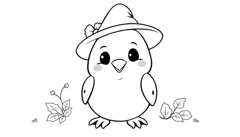 Poussin de dessin animé mignon avec un chapeau de sorcière, prêt pour un color panel.