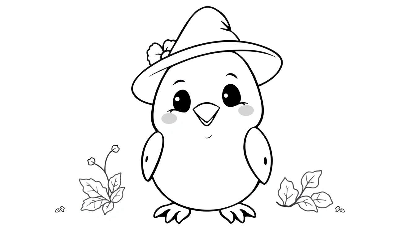 Poussin de dessin animé mignon avec un chapeau de sorcière, prêt pour un color panel.
