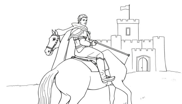 Un prince en armure sur un cheval avec une lance devant un château, tiré d'un color panel.