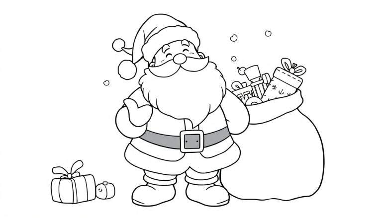 Père Noël souriant avec un sac de cadeaux, un color panel.
