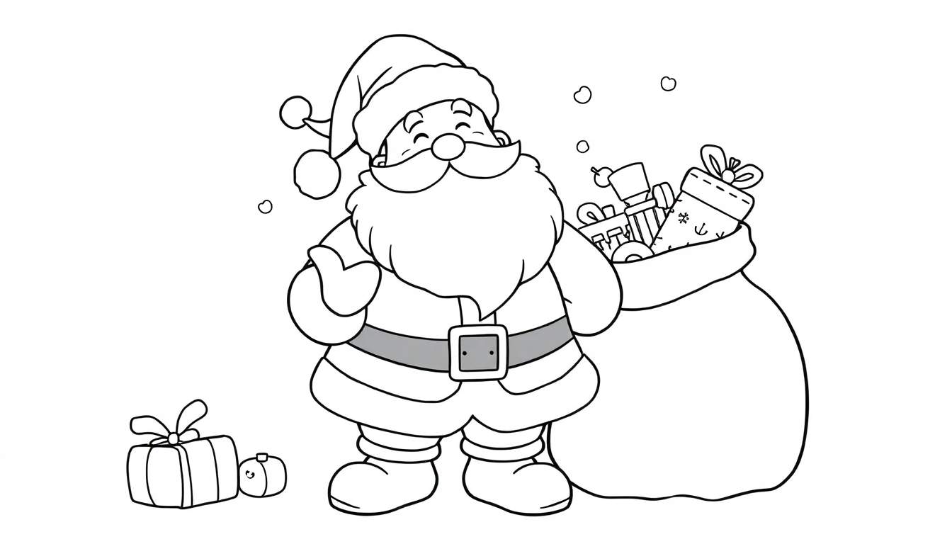 Père Noël souriant avec un sac de cadeaux, un color panel.