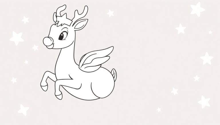 Un mignon renne de Noël avec des ailes, portant une couronne et flottant parmi les étoiles sur un fond beige.