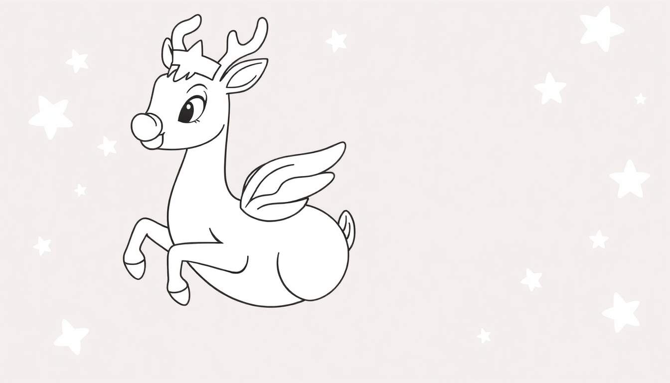 Un mignon renne de Noël avec des ailes, portant une couronne et flottant parmi les étoiles sur un fond beige.