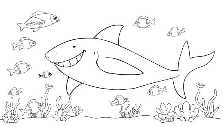 Un dessin au trait d'un requin souriant avec des petits poissons et des plantes marines, un color panel vibrant.