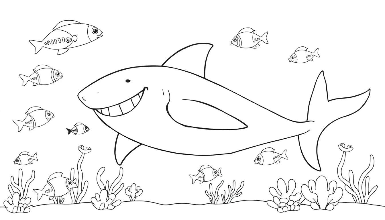 Un dessin au trait d'un requin souriant avec des petits poissons et des plantes marines, un color panel vibrant.