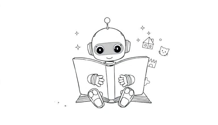 Un robot mignon lit un livre, avec des dessins fantaisistes sortant du livre.