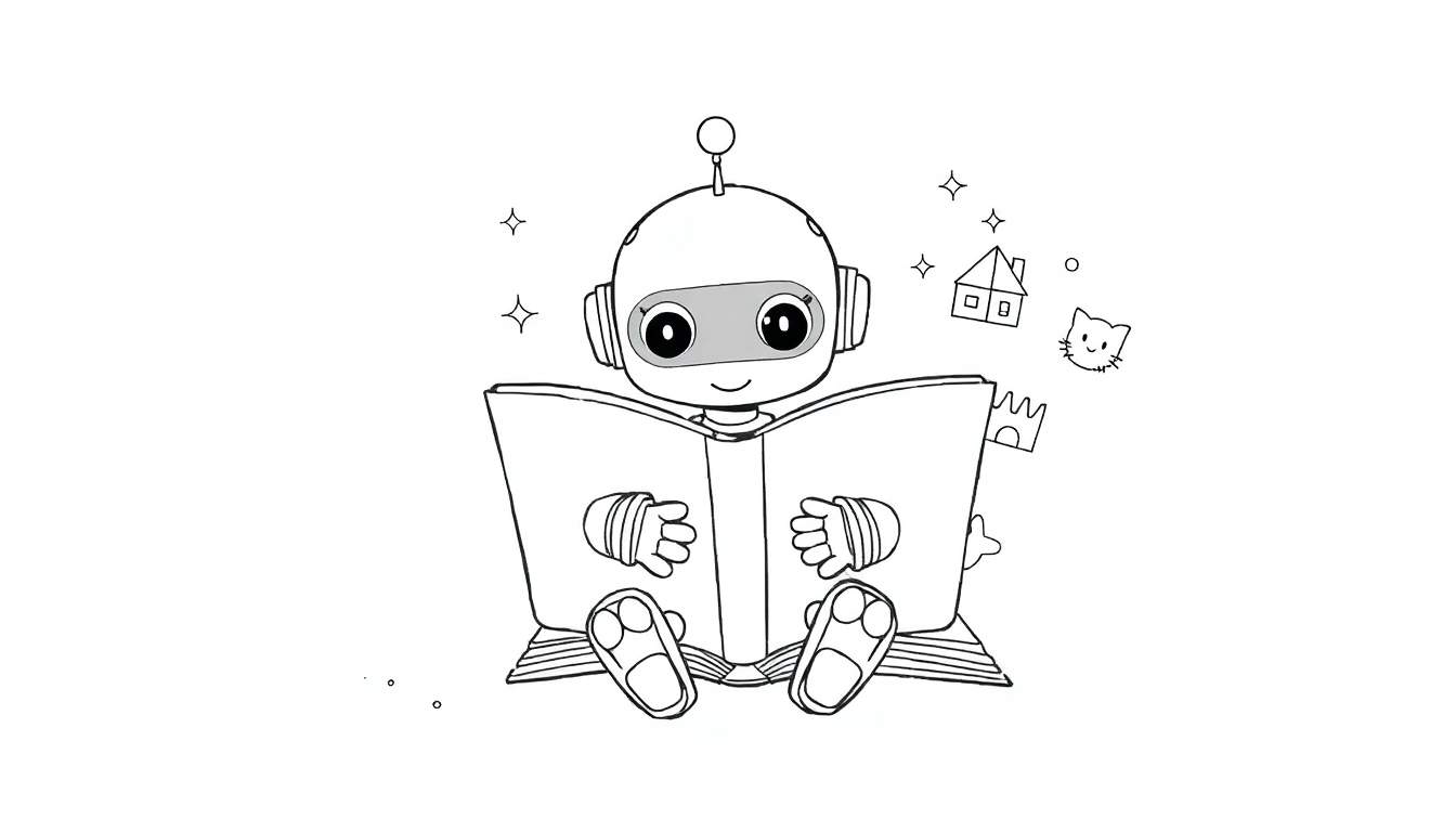 Un robot mignon lit un livre, avec des dessins fantaisistes sortant du livre.