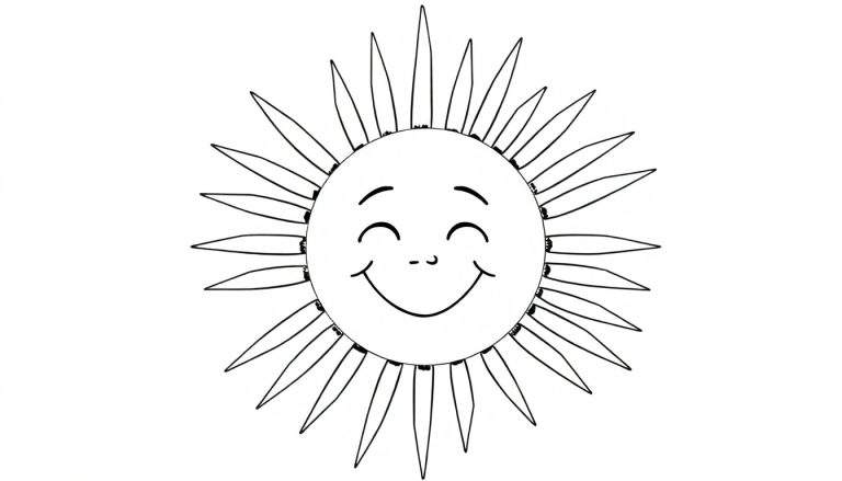 Dessin au trait d'un soleil souriant avec des rayons.