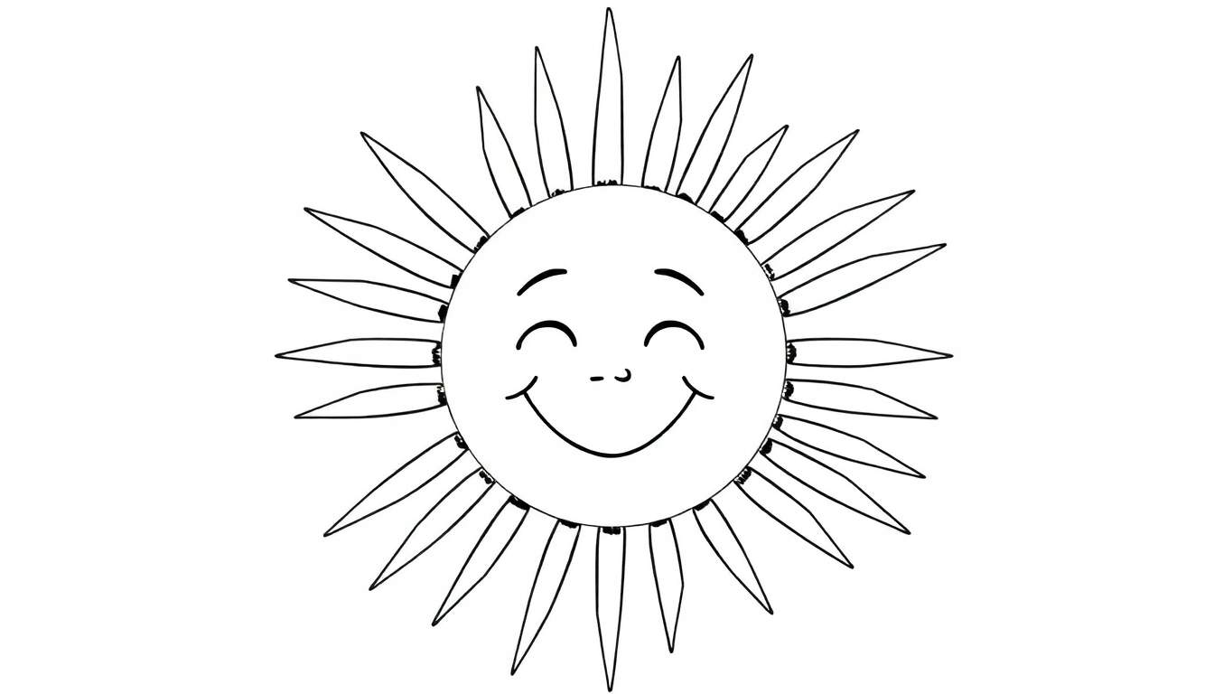 Dessin au trait d'un soleil souriant avec des rayons.