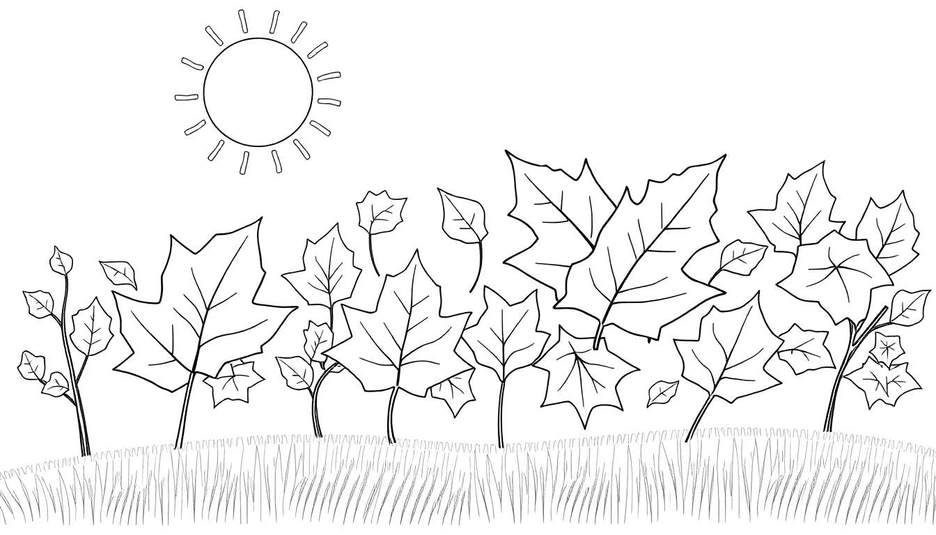 Un dessin au trait simple d'un soleil stylisé et de feuilles d'érable, parfait pour un color panel.